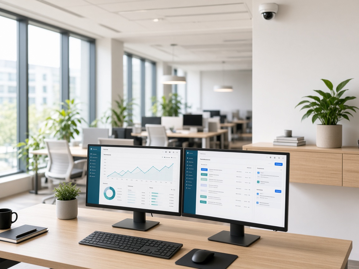 Oficina moderna con cámara de seguridad y dashboards de software