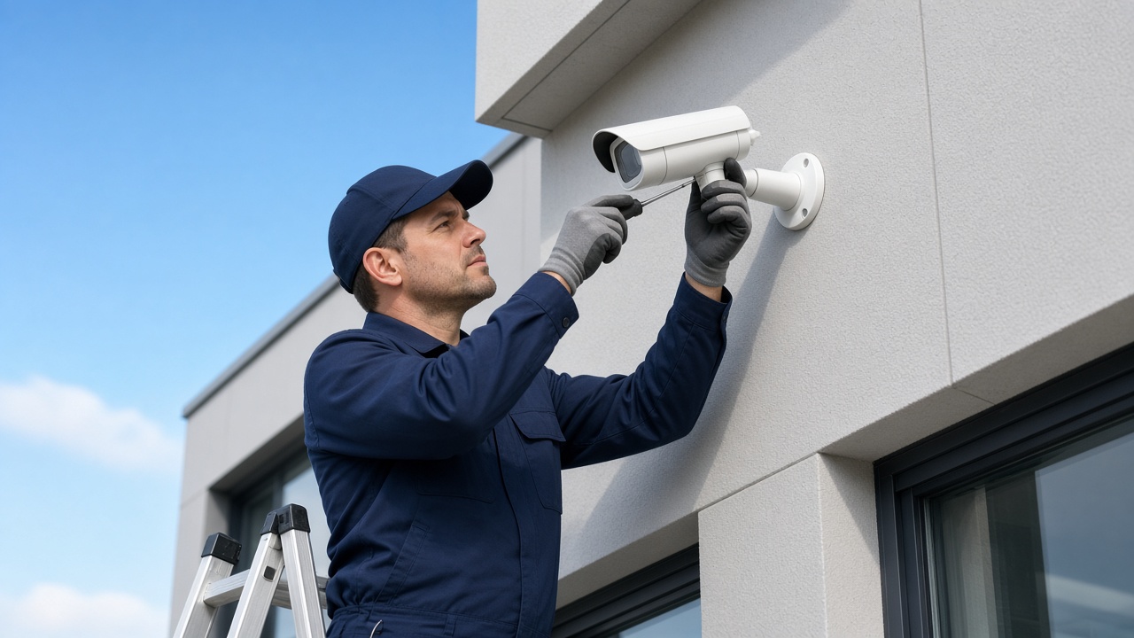 Técnico instalando una cámara de seguridad en un edificio